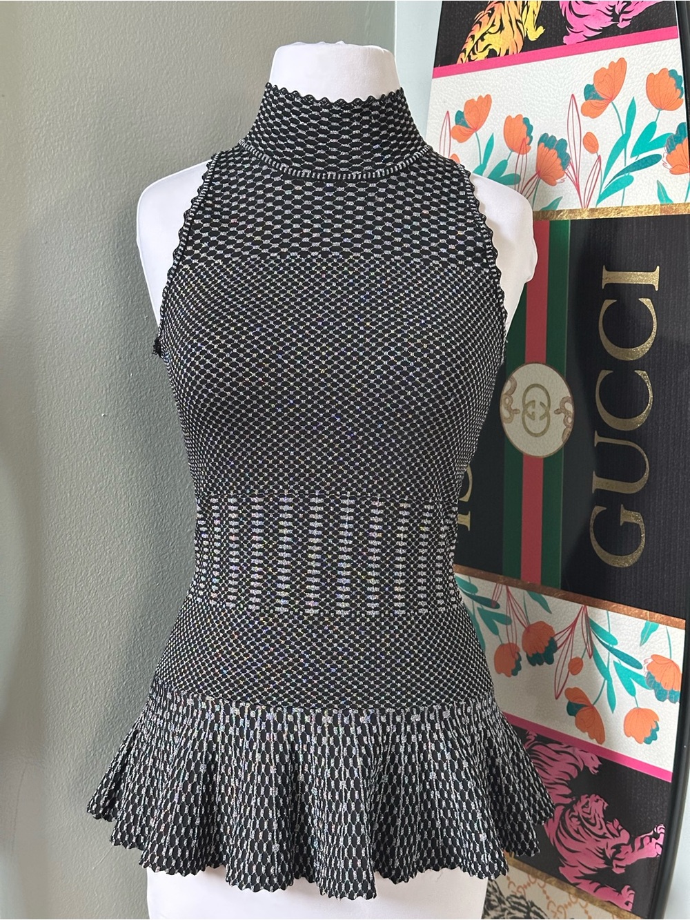 Torn by Ronny Kobo Silver Metallic Knit Halter Peplum Sleeveless Top Gothic